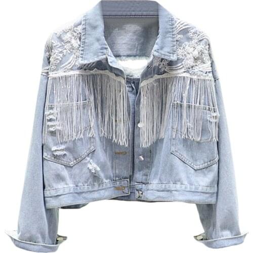 2021 Autumn Women Tassels Jeans Denim Jacket For Women Clothing Korean Embroideried Lace Beads Loose Basic Coat Hole Outerwear