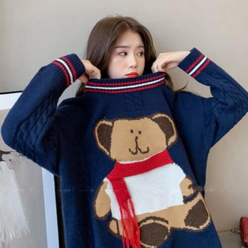 Women Sweaters Cartoon Teddy Bear O-neck Christmas Sweater 2020 Autumn Winter Warm Loose Pullover Cute Chic Knitted Jumper