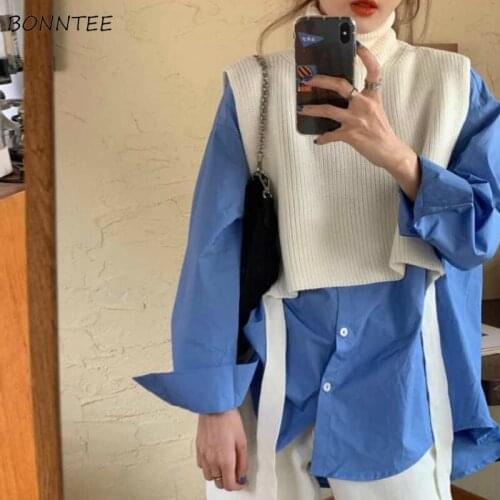 Sweater Vest Women Chic Lace-up Turtleneck College Harajuku Teens Sleeveless Cropped Knitwear All-match Ladies Streetwear Ins