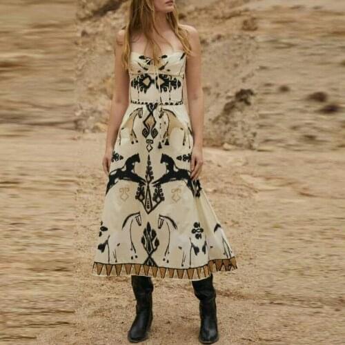 Women Summer 100% Cotton Dress Designer Fashion Spaghetti Starp Bow Horse Animal Print Blue Elegant Long Party Beach Dress