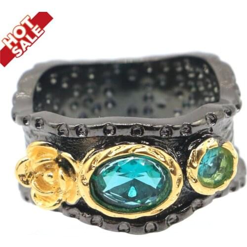 23x12mm Sublime Antique Vintage Created Blue Aquamarine Gift For Ladies Black Gold Silver Rings