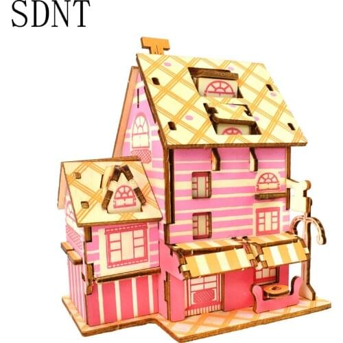 3D Wooden Puzzle Pink French Cafe Model Educational Toy for Children Promote Parent-child Activities DIY iq Game Wooden Toy Gift