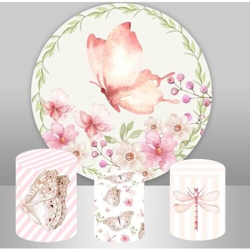 Baby Shower Round Background Girls 1st Birthday Party Decoration Dessert Table Cylinder Cover Butterfly Circle Backdrop