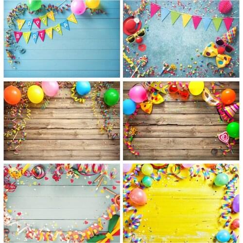 Laeacco Colorful Balloons Ribbon Wooden Board Planks Party Baby Photography Background Photo Backdrops Photocall Photo Studio