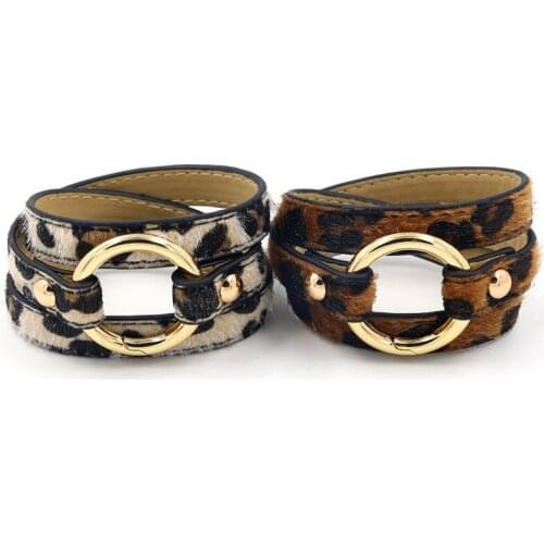 Multi-layer Leopard-print Leather Bracelet Korean Fashion Accessories Metal Circle Decorated Mens Bangles Punk Hip-hop style