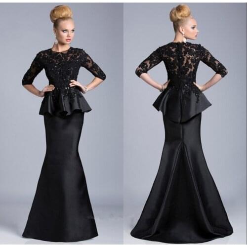 NEW Mermaid Jewel Neckline Sheer Tulle Appliques Lace Black Evening Satin Half Sleeves Formal Gown mother of the bride dresses
