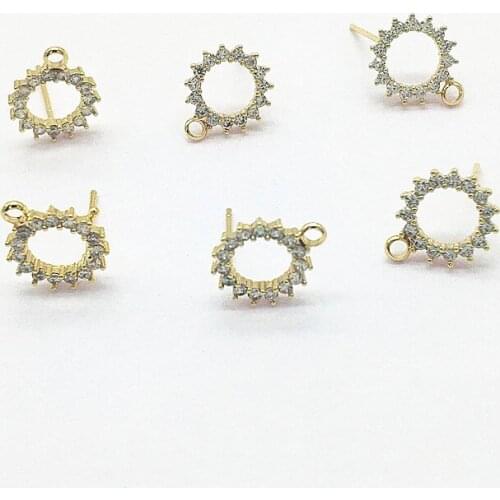 New arrival! 13x11mm 20pcs Copper Plating Real gold Zircon Round Ear Stud for Earrings DIY parts,Jewelry Findings & Component
