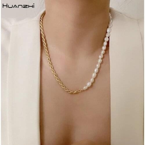 HUANZHI 2020 Trendy Natural Freshwater Baroque Pearls Asymmetry Splicing Metal Chain Chokers Necklaces for Women Party Jewelry