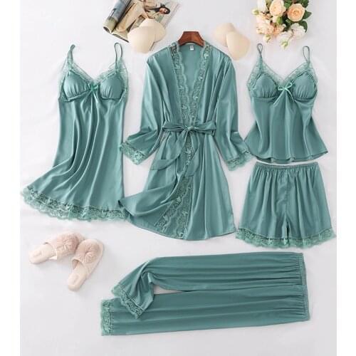 Pajamas Sleep Suit Women Satin PJS Ice Silk Five Piece Set Lace Robe Kimono Summer Dressing Gown Sleepwear Intimate Lingerie
