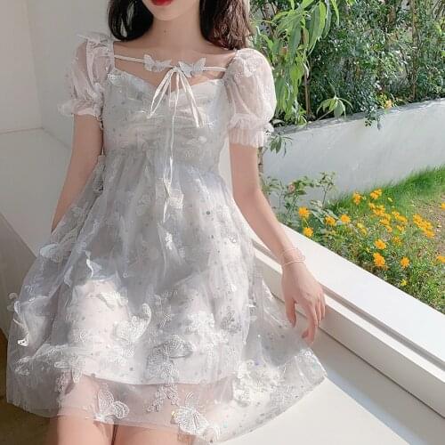 Princess dress lace butterfly dresses mesh gauze bubble sleeve white dress french vintage dresses