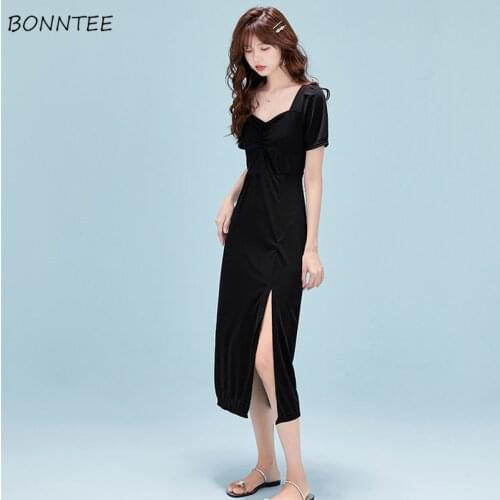 Short Sleeve Dress Women Square Collar Black Mid-calf Elegant French Temperament Leisure Fashion Side-slit Vestidos Femme Retro