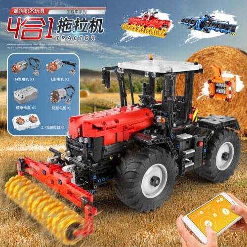 MOULD KING 17020 Techni Car The APP RC Moroized Tractor With Roller Packer Harrow New Parts Building Blocks Kids Toys Gifts