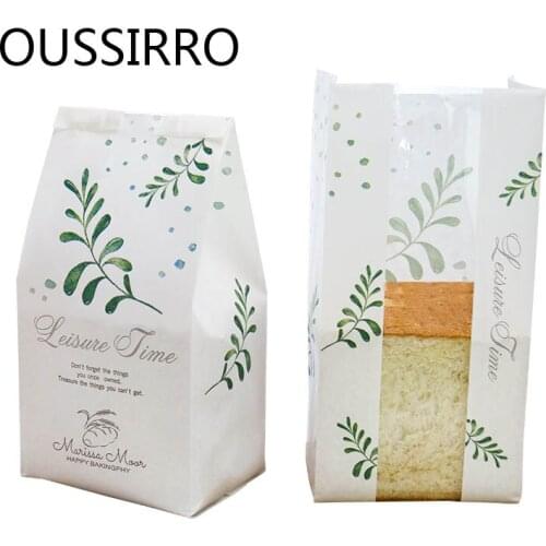 10PCS Green Leaf Bread Toast Bag Transparent Open Window Laminating Kraft Paper Food Packaging Oil Proof Baking Cookies Bags