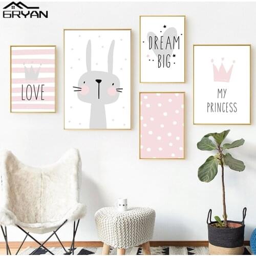 Pink Nursery Kids Baby Canvas Print Painting Love Crown Dream Big Motivational Poster Wall Art Home Decoration Cartoon Picture