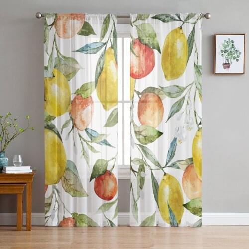 Grapefruit Lemon Leaves Watercolor Painting Tulle Window Treatment Sheer Curtains for Living Room the Bedroom Decoration