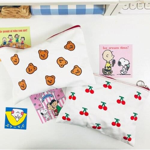 Cherry Bear Embroidery Pencil Bag Canvas Large Capacity Simple Style Small Handbag Cosmetic Money Storage Bag Cute Stationery