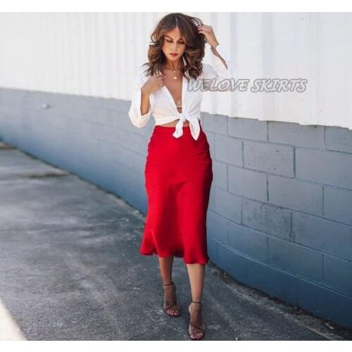 Casual Beige Female Satin Skirt for Women Straight Office Lady Zipper Back Customized Mid-Calf Skirts 2020 New Arrival