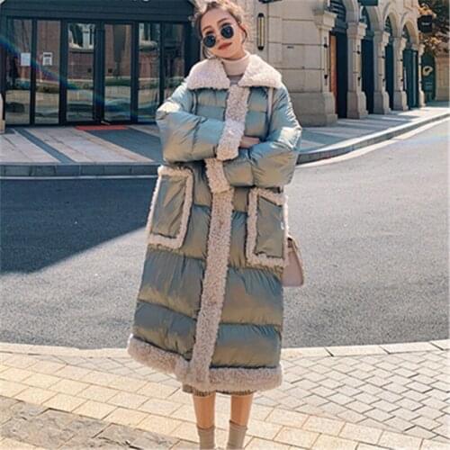 Mid-Length Cotton-Padded Jacket Womens 2020 Winter New Style Lamb Hair Stitching Bright Surface Thickening Warm Loose Coat 277