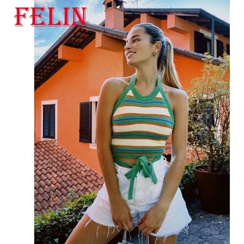 Za 2021 Summer High Street Women Green Sexy Tanks Knitted Cotton Striped Cropped Tops Mujer Sleeveless Chic Women Blouses