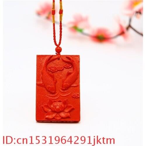 Woman Red Jewellery Fish Fashion Organic Carved Pendant Charm Amulet Chinese Gifts Necklace Natural Cinnabar