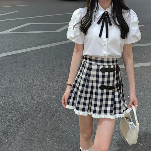 2 Piece Sets Womens Summer 2021 Puff Sleeve White Shirt Lace Trim A-line Plaid Skirt Preppy Style Suit Female Sweet Outfits