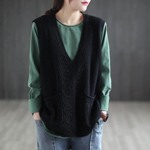 Women Summer New Retro Literary Knitted Vest Female Large Size Loose Cover Belly Vest Mid-Length Sleeveles Outer Vest Jacket A75