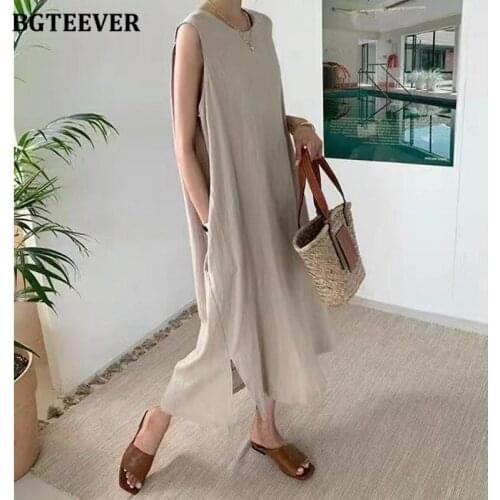 BGTEEVER Casual Sleeveless O-neck Women Solid Long Dress Elegant Loose Cotton and Linen Female Dress 2021 Summer Vestidos
