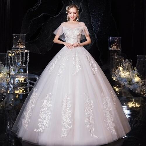 Vestido De Noiva 2021 Elegant Lace Wedding Gown Short Sleeve O-neck Up Ball Dresses Robe Mariee