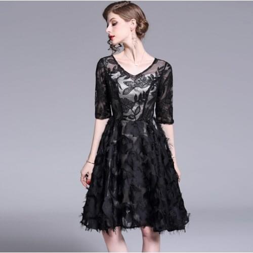 New Black Embroidery Feather Tassel Dress Vestidos Mujer Verano 2021 Women Summer Midi Party Dress Robe Ete Femme K6360