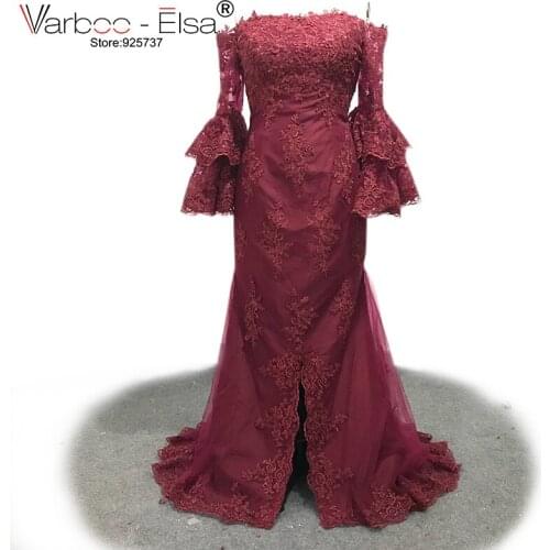 VARBOO_ELSA Elegant Lotus Leaf Sleeve Burgundy Lace Evening Dress Sexy Boat Neck Front Split Prom Dress 2018 New robe de soiree