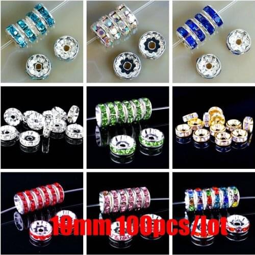 10MM AAA Metal Silver Plated Crystal Rhinestone Rondelle Spacer Beads 12Colors For Choose 100Pcs Free Shipping Wholesale