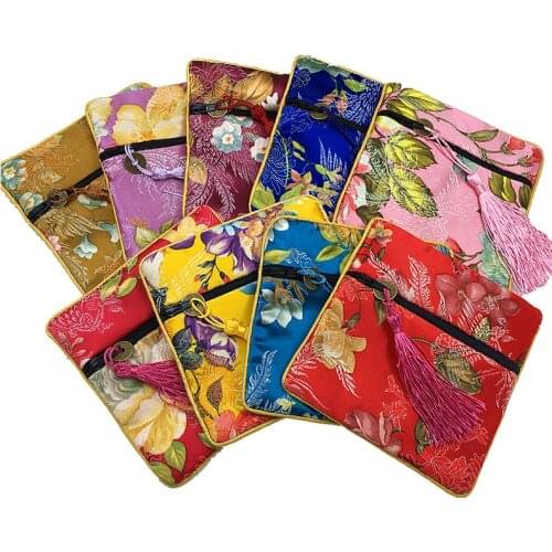 Bronzing flowers Tassel Small Coin Purse Zipper Jewelry Pouch High Quality Silk brocade Bangle Bracelet Gift Packaging Bag 10pcs