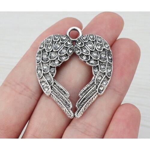 3 x Antique Silver Angel Wing Heart & Rhinestone Charms Pendants for Necklace Jewelry Making Findings 45x37mm