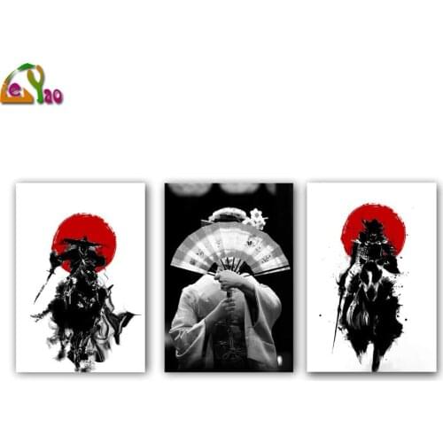 Black White Japanese Geisha with Folding Fan 3pcs Diamond Painting Cross Stitch Triptych Ancient Japan Samurai Red Sun Figure