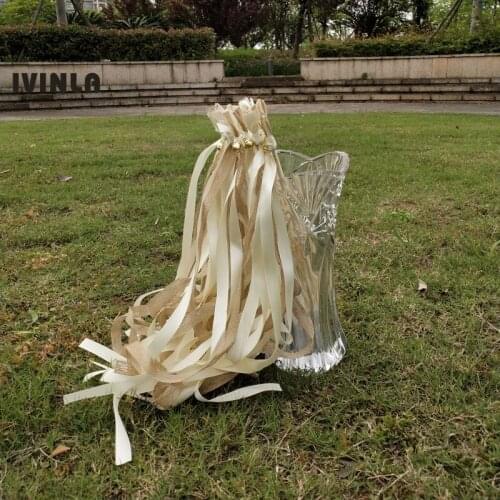 50pcs/lot Cream jute Wedding Ribbon Wands with bell for wedding decoration