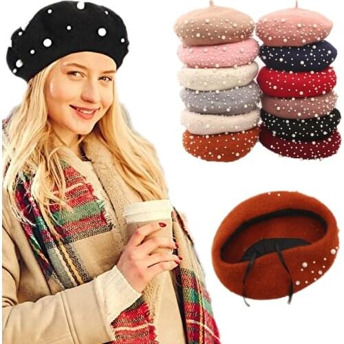 2021 New Arrivals Winter Warm French Pearl Rhinestone Beret Hat Vantage Beanie Caps Solid Color Casual Winter Hat for Women Girl
