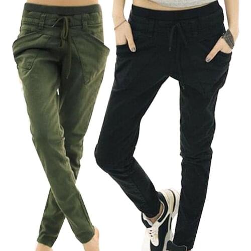 Fashion Chic Women Solid Color Drawstring Elastic Waist Slim Pencil Pants Trousers All-match Cotton/ Spandex Womens Pants