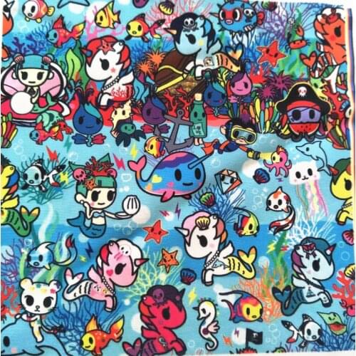 148cm Width Cartoon Naughty Dodge Unicorn Mermaid Printed Canvas Fabric For Cushion Cover/Diy Handbag/Slipcover/Curtain Sewing