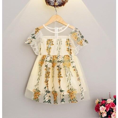 2020 children girls summer mesh dress Kids fashion short sleeve embroidery flower dress for girls 3-8 years