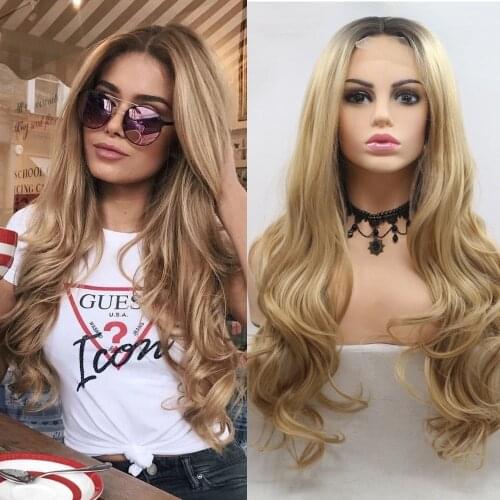 Long Blonde Body Wave Lace Front Wig Ombre Golden Hair Heat Resistant Fibers Synthetic Lace Front Wig Half Hand Tied