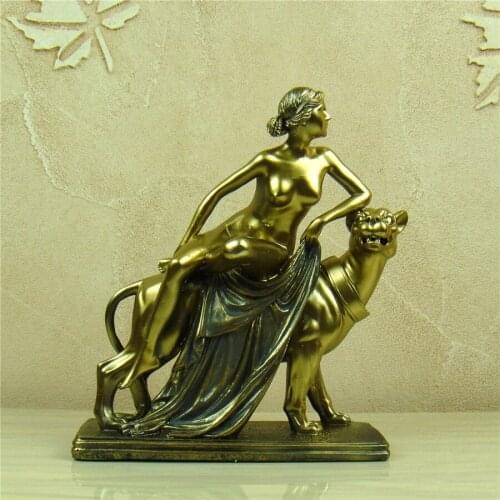 Antique Finishing Goddess Sculpture Decoration Art and Craft Ornament on Panther Statuette Handmade Resin Nude Female Character