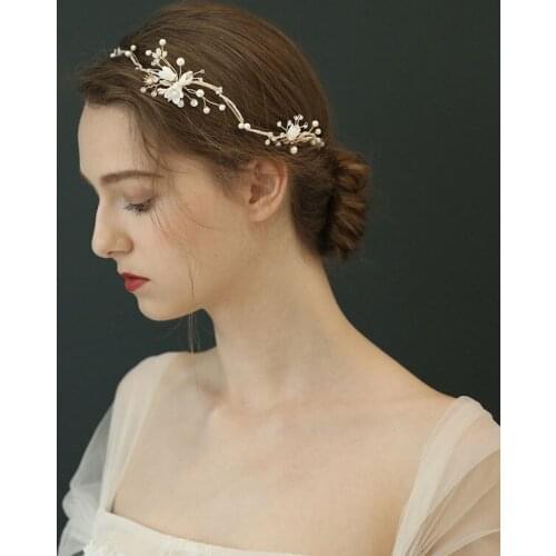 Floralbride Gold Crystal Rhinestone Pearl Ceramic Flower Wedding Hair accessories Hair Vine Bridal Tiara Headband Women Jewelry