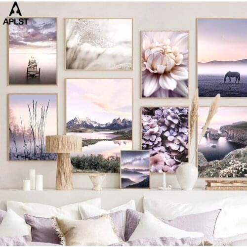 Purple Flower Seaside Botanical Scenery Minimalist Print Painting Nordic Style Living Room Poster Sky Cliff Reed Canvas Picture