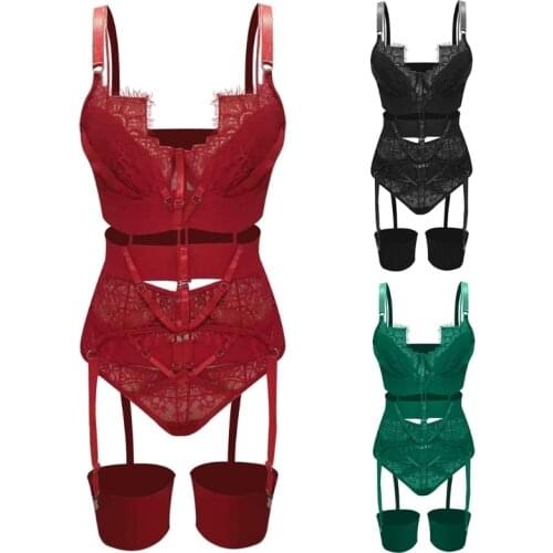 Women 3pcs Sexy Lingeie Set Sheer Eyelash Floral Lace Patchwork Bra and Panty Garter Belt Underwear Babydoll Nightwear