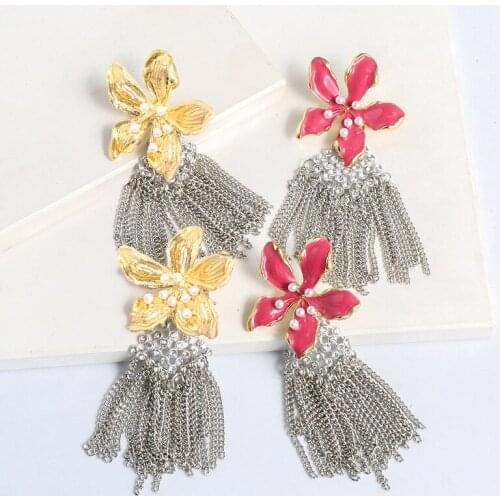 Minar Exaggerated Pink Color Enamel Flowers Pendant Earrings for Women Girls Long Rhinestone Chain Tassel Earrings Oorbellen