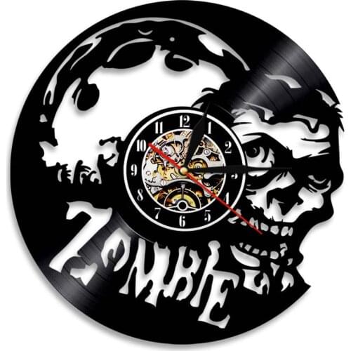 Zombie Skull Modern Design Vinyl Record Wall Clock Home Decor Art Vintage Cool Black CD Clocks LED Hanging Watch Silent Quartz