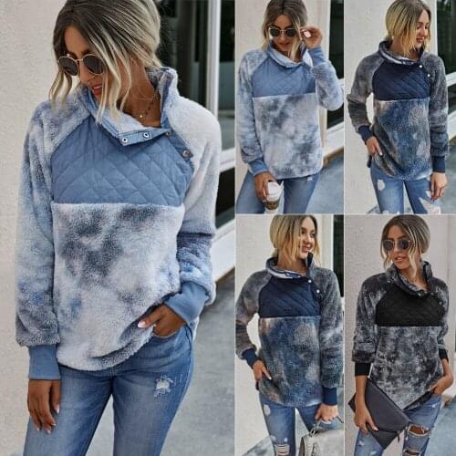 New product autumn and winter fashion stitching diagonal collar plush tie-dye sweater women