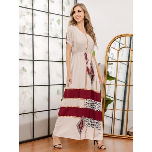 New Summer Muslim Women Dress Elegant Print India Abayas Moroccan Kaftan Short Sleeve Turkey Islamic Clothing Vestidos Abayas