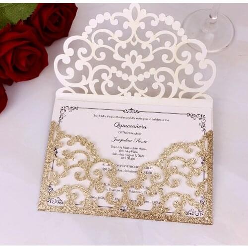 50pcs Rose Gold Glittery Wedding Invitation with Envelope Printable Laser Cut Invitations Cards for Birthday Sweet Sixteen
