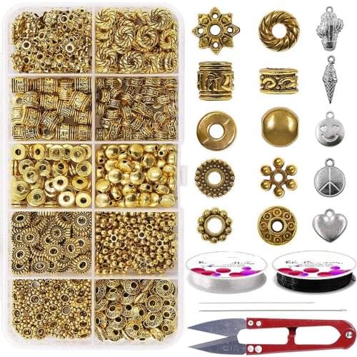 Spacer Bead 300PCS 10 Style Antique Gold Jewelry Bead Charm Spacers Alloy Spacer Beads Kit Jewelry Findings Accessories with 2 C